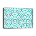 White On Turquoise Damask Deluxe Canvas 18  x 12  (Framed)