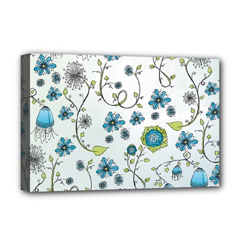 Blue Whimsical Flowers  on blue Deluxe Canvas 18  x 12  (Framed) from ZippyPress