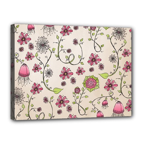 Pink Whimsical flowers on beige Canvas 16  x 12  (Framed) from ZippyPress