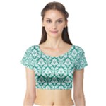 White On Emerald Green Damask Short Sleeve Crop Top (Tight Fit)