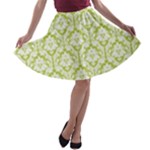 Spring Green Damask Pattern A-line Skater Skirt