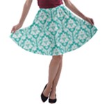 Turquoise Damask Pattern A-line Skater Skirt