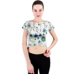 Blue Whimsical Flowers  on blue Crew Neck Crop Top