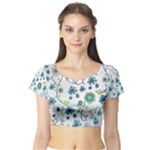 Blue Whimsical Flowers  on blue Short Sleeve Crop Top (Tight Fit)