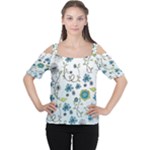 Blue Whimsical Flowers  on blue Women s Cutout Shoulder Tee