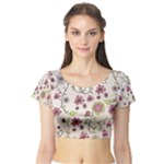 Pink Whimsical flowers on beige Short Sleeve Crop Top (Tight Fit)