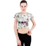 Pink whimsical flowers on blue Crew Neck Crop Top