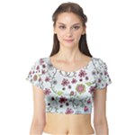 Pink whimsical flowers on blue Short Sleeve Crop Top (Tight Fit)