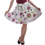 Pink whimsical flowers on pink A-line Skater Skirt
