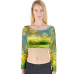 Golden Days, Abstract Yellow Azure Tranquility Long Sleeve Crop Top