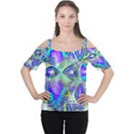Abstract Peacock Celebration, Golden Violet Teal Women s Cutout Shoulder Tee