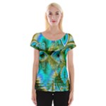 Crystal Gold Peacock, Abstract Mystical Lake Women s Cap Sleeve Top