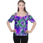 Evening Crystal Primrose, Abstract Night Flowers Women s Cutout Shoulder Tee