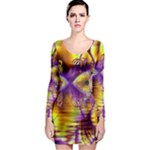 Golden Violet Crystal Palace, Abstract Cosmic Explosion Long Sleeve Bodycon Dress