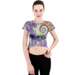 Sea Shell Spiral, Abstract Violet Cyan Stars Crew Neck Crop Top