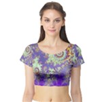 Sea Shell Spiral, Abstract Violet Cyan Stars Short Sleeve Crop Top (Tight Fit)