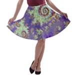 Sea Shell Spiral, Abstract Violet Cyan Stars A-line Skater Skirt