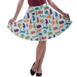Blue Colorful Cats Silhouettes Pattern A-line Skater Skirt