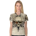 Awesome Skull With Flowers And Grunge Women s V-Neck Sport Mesh Tee