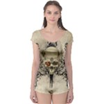 Awesome Skull With Flowers And Grunge Boyleg Leotard 