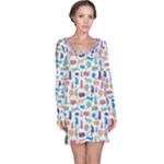 Blue Colorful Cats Silhouettes Pattern Long Sleeve Nightdress