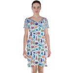 Blue Colorful Cats Silhouettes Pattern Short Sleeve Nightdress