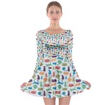 Blue Colorful Cats Silhouettes Pattern Long Sleeve Skater Dress