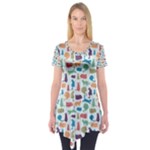 Blue Colorful Cats Silhouettes Pattern Short Sleeve Tunic 