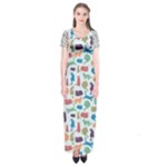 Blue Colorful Cats Silhouettes Pattern Short Sleeve Maxi Dress