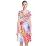 Colorful Pineapples Over A Blue Background Short Sleeve Front Wrap Dress