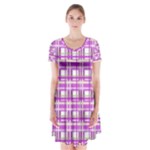 Purple plaid pattern Short Sleeve V-neck Flare Dress