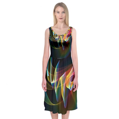 Northern Lights, Abstract Rainbow Aurora Midi Sleeveless Dress from ZippyPress