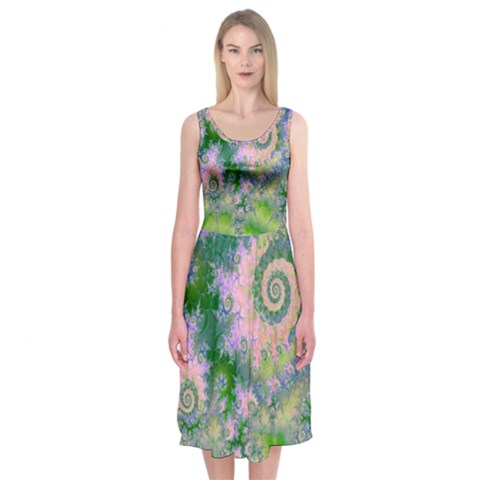 Rose Apple Green Dreams, Abstract Water Garden Midi Sleeveless Dress from ZippyPress