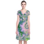 Rose Apple Green Dreams, Abstract Water Garden Short Sleeve Front Wrap Dress