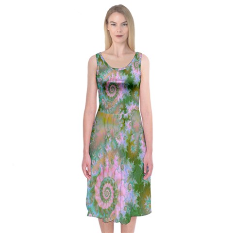 Rose Forest Green, Abstract Swirl Dance Midi Sleeveless Dress from ZippyPress