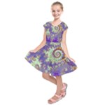 Sea Shell Spiral, Abstract Violet Cyan Stars Kids  Short Sleeve Dress