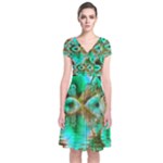 Spring Leaves, Abstract Crystal Flower Garden Short Sleeve Front Wrap Dress