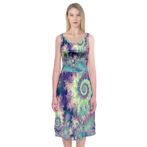 Violet Teal Sea Shells, Abstract Underwater Forest (purple Sea Horse, Abstract Ocean Waves  Midi Sleeveless Dress from ZippyPress