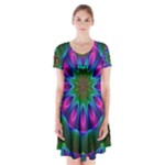 Star Of Leaves, Abstract Magenta Green Forest Short Sleeve V-neck Flare Dress