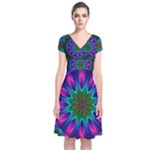Star Of Leaves, Abstract Magenta Green Forest Short Sleeve Front Wrap Dress