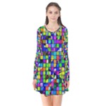 Colorful squares pattern                            Long Sleeve V-neck Flare Dress