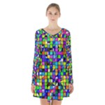 Colorful squares pattern                        Long Sleeve Velvet V-neck Dress