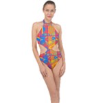 Colorful shapes in tiles                                                  Halter Side Cut Swimsuit