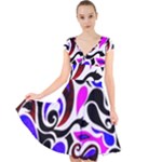 Retro Swirl Abstract Cap Sleeve Front Wrap Midi Dress