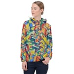 Colorful painted shapes                      Women Hooded Front Pocket Windbreaker