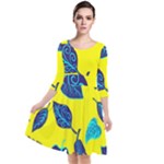 Leaves on a yellow background                                    Quarter Sleeve Waist Band Dress