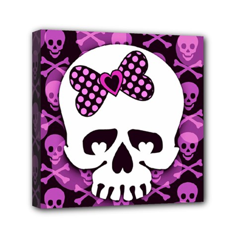 Pink Polka Dot Bow Skull Mini Canvas 6  x 6  (Stretched) from ZippyPress