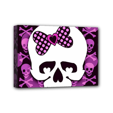 Pink Polka Dot Bow Skull Mini Canvas 7  x 5  (Stretched) from ZippyPress