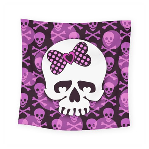 Pink Polka Dot Bow Skull Square Tapestry (Small) from ZippyPress