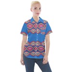 Shapes chains on a blue background                                            Women s Short Sleeve Pocket Shirt